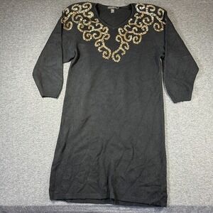 Vintage Work in Progress Silk Angora Sweater Dress Women 18/20 Black Gold Sequin